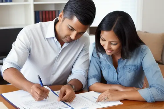 Casal revisando documentos de empréstimo imobiliário
