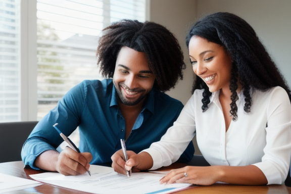 Casal feliz assinando documentos de hipoteca com um corretor imobiliário